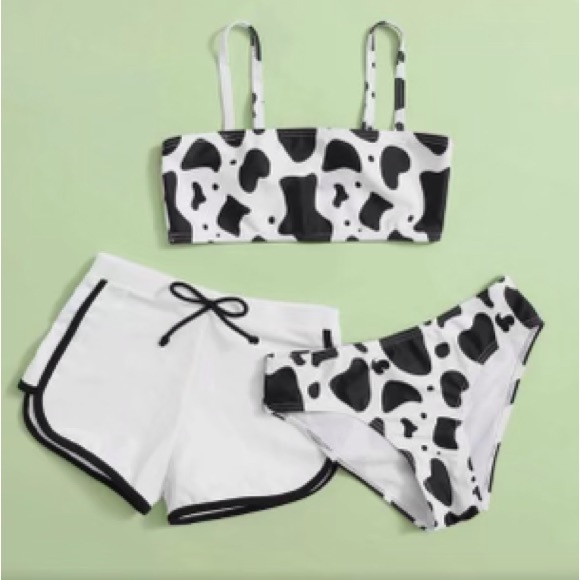 Girls' Swimwear Summer Cute Bikini Cow Print Three-piece Swimsuit High Size 5T - Picture 3 of 4